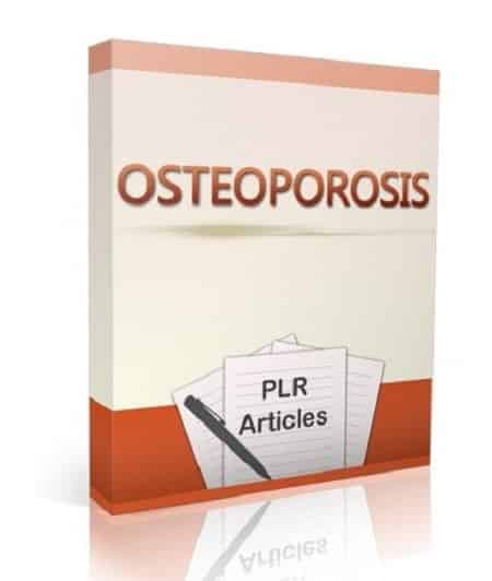 A collection of osteoporosis PLR articles for resell, featuring bone health and digital content pack imagery