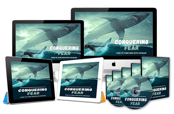 Conquering Fear digital course upgrade package with PLR MRR resell rights and motivational imagery