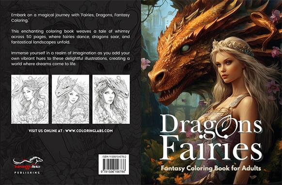 Dragons and Fairies Fantasy Coloring Book cover with mystical creatures and vibrant details
