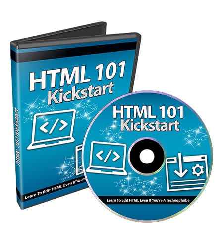 HTML 101 Kickstart video course cover image showing coding basics for beginners with resell rights