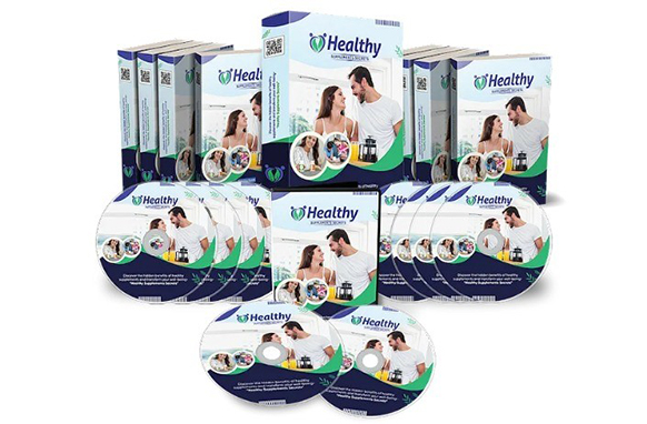 Healthy Supplements Secrets digital PLR product cover with supplement bottle and vitamins illustration