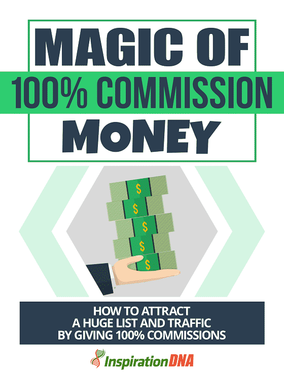 Magic of 100% Commission ebook cover featuring white background and bold title graphic