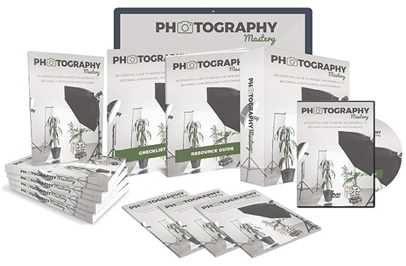 Photography Mastery PLR ebook package with camera and editing tools on a dark background