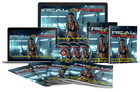 Real Life Fitness digital package cover with healthy lifestyle imagery for PLR MRR resell rights