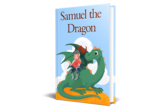 Samuel the Dragon children's book cover with animated dragon character, PLR digital download for resale