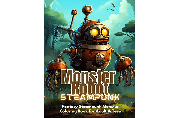 Steampunk monster robot adult coloring book cover with intricate mechanical designs