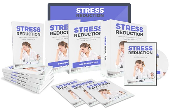 Stress reduction ebook and PLR bundle with checklist cheat sheet sales videos banners