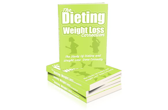 The Dieting Weight Loss Correction guide showcasing ebook covers and PLR resell rights package