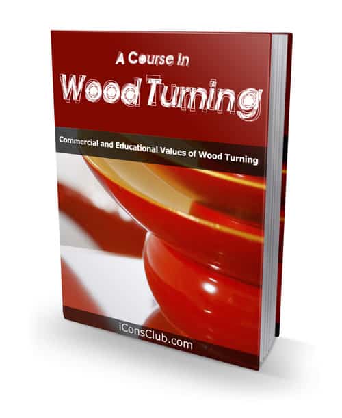Wood turning course cover showing lathe and carved wood piece for digital download with resell rights