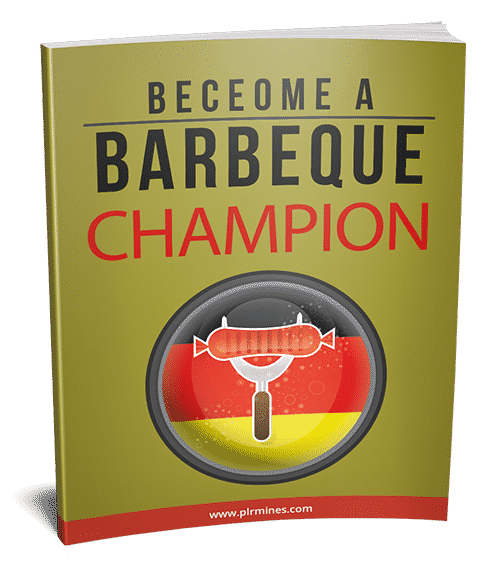 Digital BBQ champion guide with PLR resell rights, eBook cover showing grill and trophy