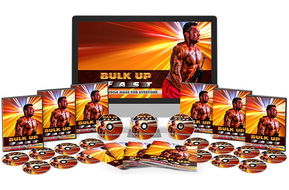 Digital muscle-building video training with PLR resell rights, showing bulk-up results and product mockup