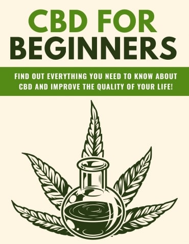 CBD for beginners eBook showing cover with hemp leaf and bottle – PLR digital download for resell