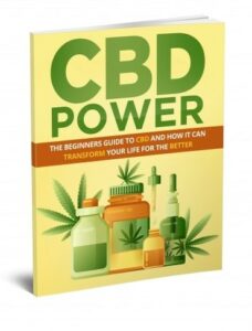 CBD Power PLR eBook cover image showing a bottle of CBD oil and hemp leaves