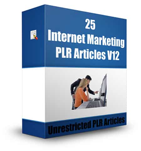 A digital blue eCover showing 25 Internet Marketing PLR Articles V17 with resell rights