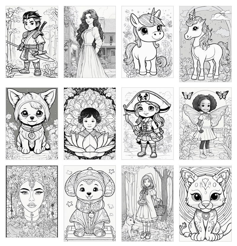Fantasy coloring pages for kids featuring unicorns, dragons, and castles – printable digital download with PLR rights