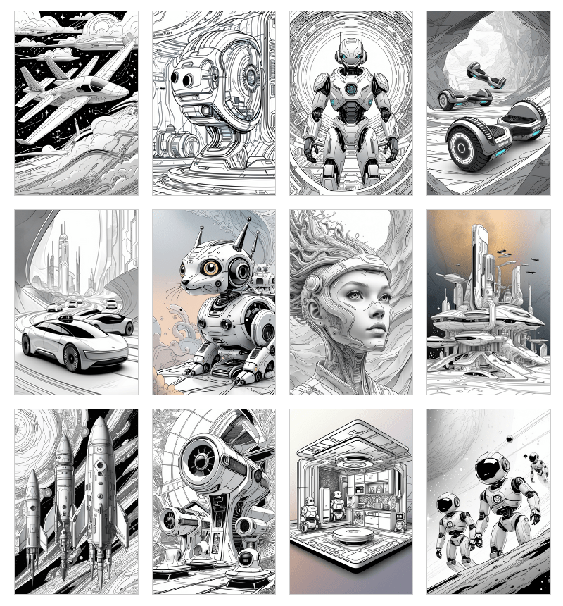 Kids' future technology coloring pages with robots, spaceships, and flying cars for creative fun