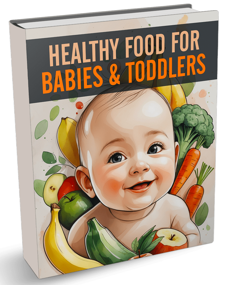 Healthy Food for Babies and Toddlers PLR eBook cover showing nutritious baby meals and toddler recipes