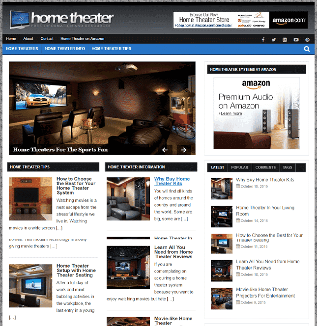 Home theater PLR blog digital download featuring ready-made WordPress content and graphics