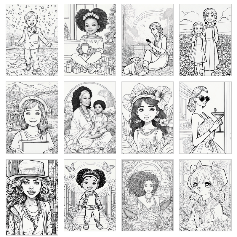 Printable human coloring pages for kids, PLR digital download with diverse figures and activities