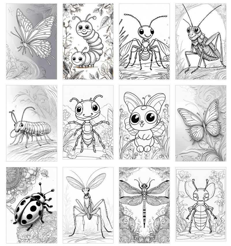 Printable insect coloring pages for kids – butterflies, bees, ants and more – perfect for PLR resell business