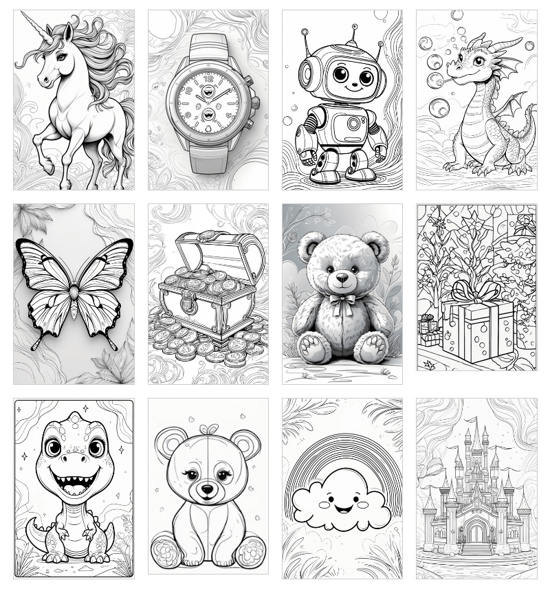 Children coloring pages featuring items and natural elements, digital download with PLR resell rights