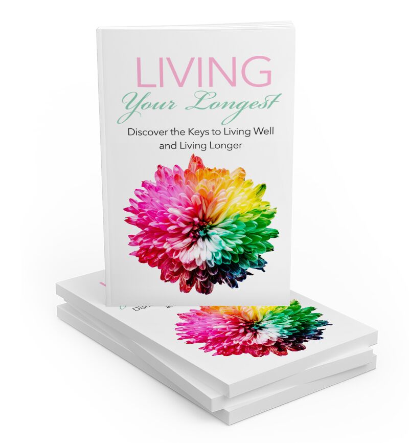 Aging guide digital product cover showing healthy lifestyle icons and longevity keywords