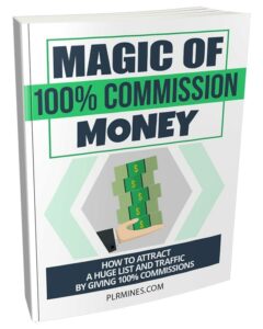 Magic of 100 Commission Money PLR eBook cover showcasing digital marketing and commission secrets
