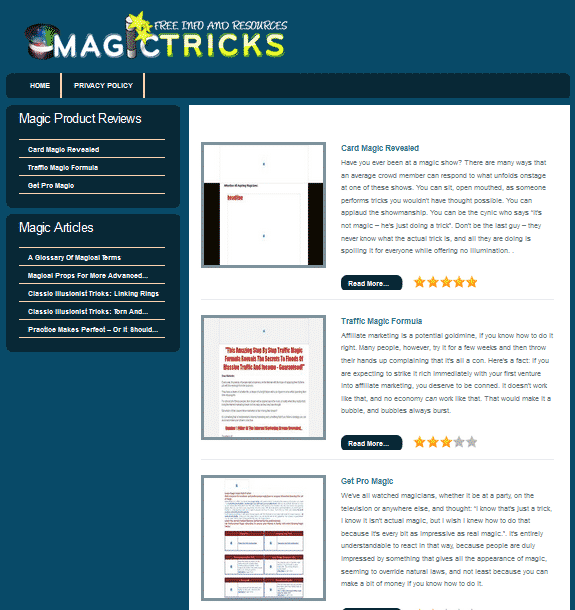 Magic tricks review site digital PLR content with resell rights and five articles