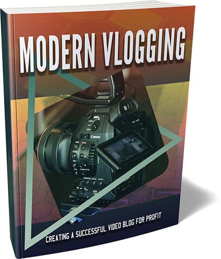 Modern vlogging ebook guide with camera and laptop, showing vlog creation tips and PLR/MRR resell rights