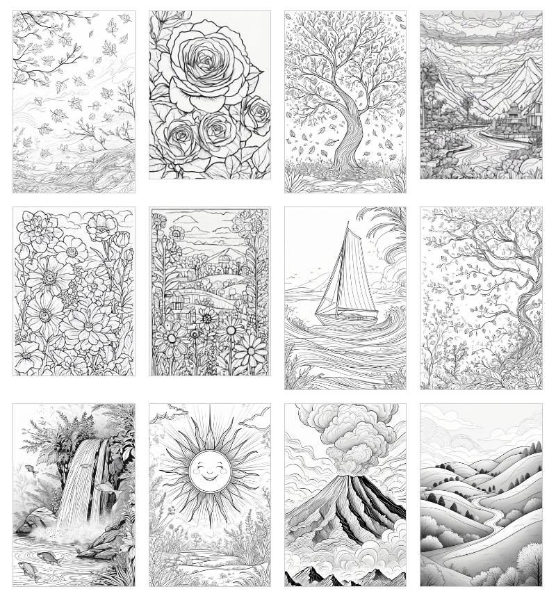 Nature coloring pages for kids – digital download with PLR rights featuring flowers, trees, animals