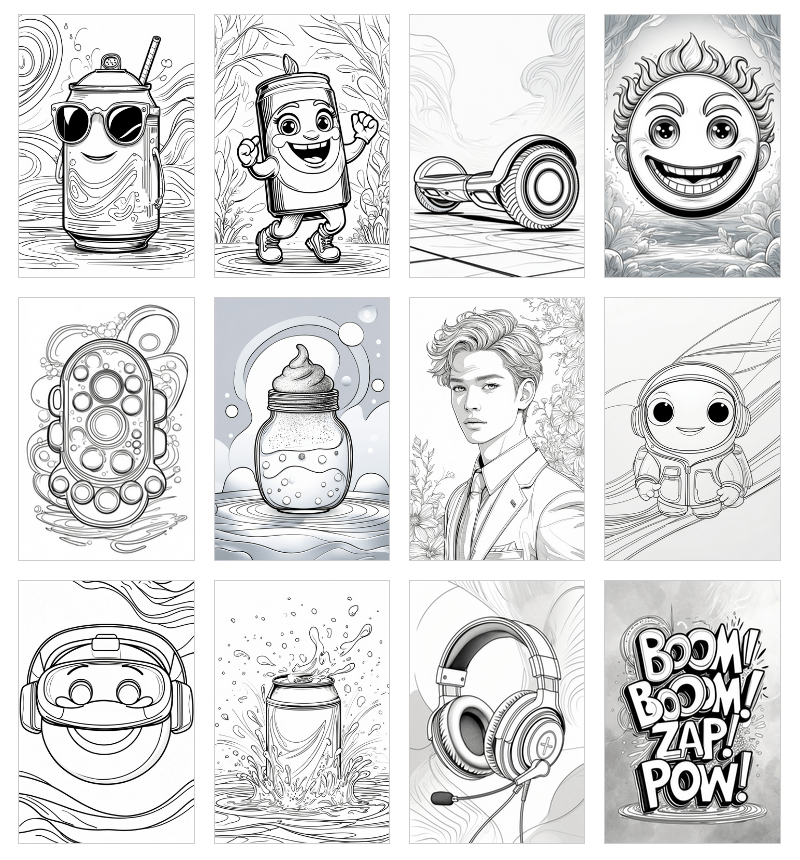 Trendy pop culture coloring pages collection with PLR MRR rights for digital resell business