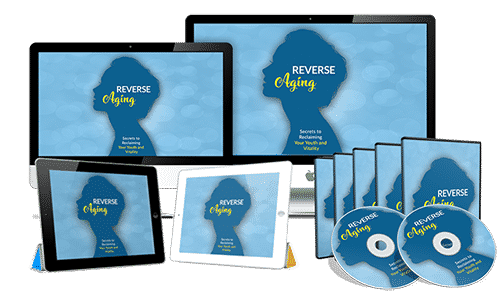 Reverse aging video course and ebook infographic showing youthful glow and anti-aging tips