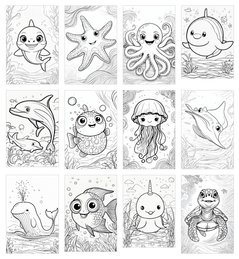Sea creature coloring pages for kids featuring dolphins turtles whales under ocean theme with PLR rights