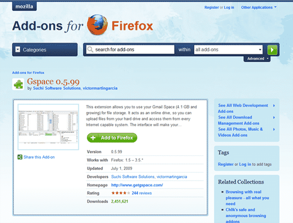 Gspace Firefox extension for free online storage and Gmail drive resell rights