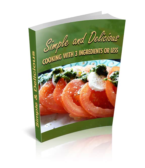 Simple and Delicious whole foods ebook cover featuring fresh ingredients like lemon chicken, broccoli, and rice