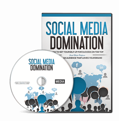 Social media domination PLR course cover with modern icons and brand-building tips