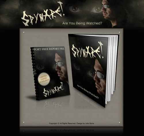 Spyware Minisite Graphics bundle with PLR content, blog theme, PSD files, and squeeze page for instant download