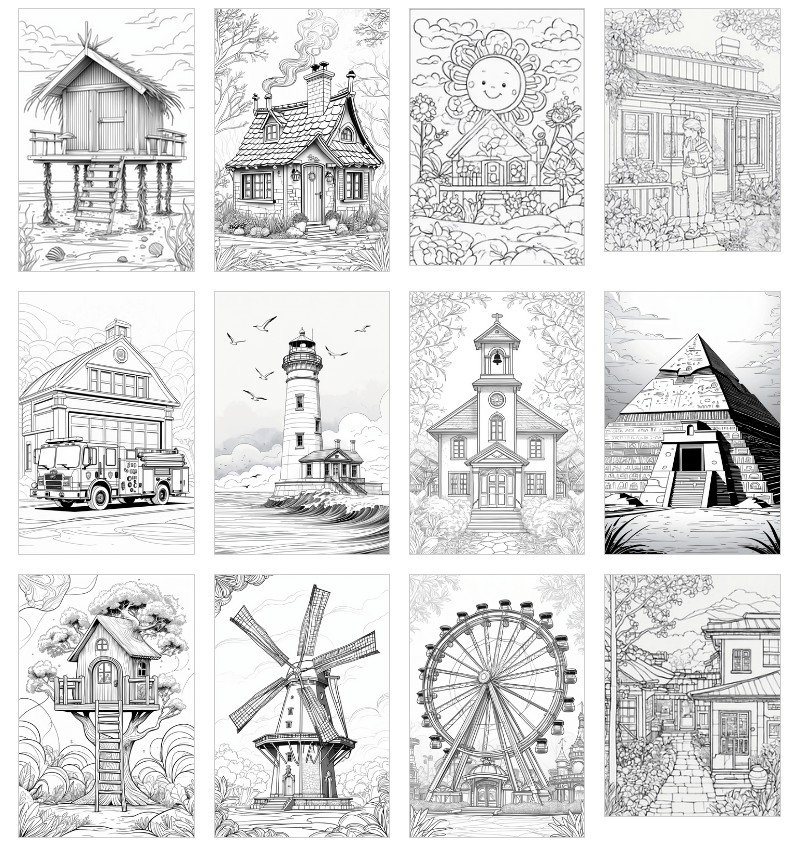 Sample of structure and architecture coloring pages with PLR rights – detailed building designs for adults