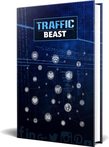 Traffic Beast ebook cover showing a wolf silhouette, traffic generation guide, digital PLR product