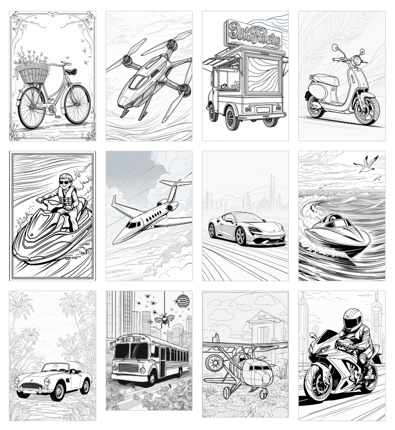 Vehicle coloring pages for kids digital download with PLR resell rights featuring cars trucks trains airplanes