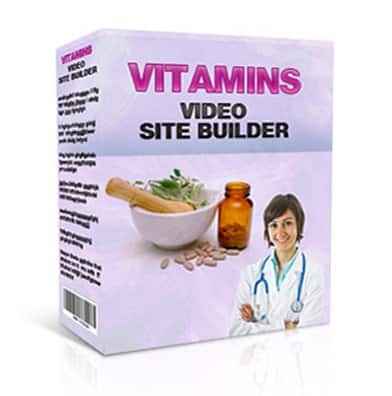 Vitamins video site builder mockup showing homepage with video thumbnails and ad placements