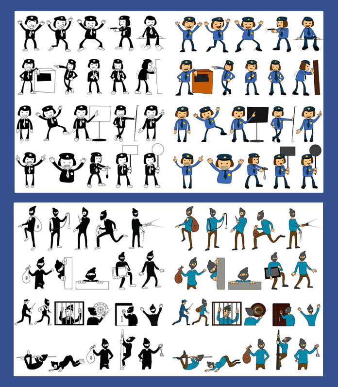 Whiteboard video graphics with food, money, policeman, thief characters for PLR resell