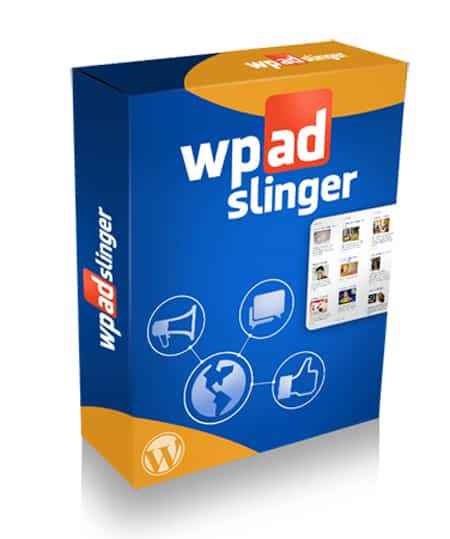 WP Ad Slinger plugin dashboard showing Facebook-style ad creation tool with PLR/MRR resell rights